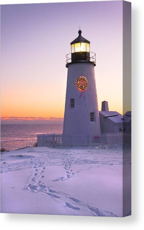 Lighthouse Canvas Print featuring the photograph Pemaquid Point lighthouse Christmas Snow Wreath Maine by Keith Webber Jr
