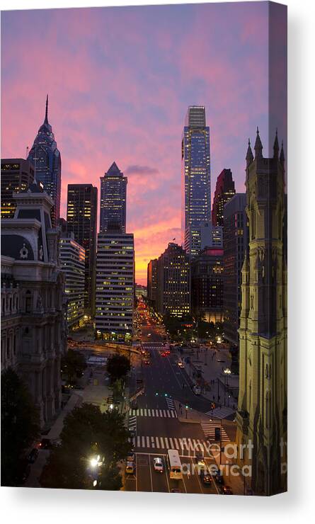 Philadelphia Canvas Print featuring the photograph Philadelphia city center at sunset by Perry Van Munster