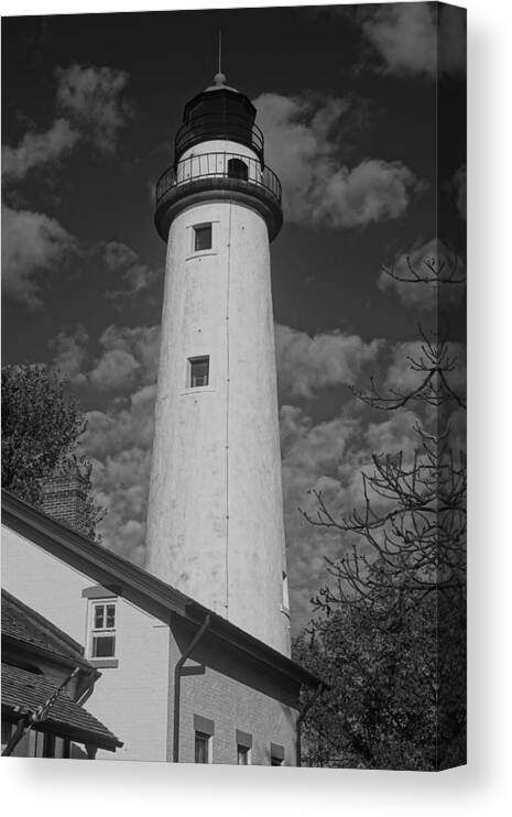 Lighthouse Canvas Print featuring the photograph Pointe Aux Barques Lighthouse Black and White by Daniel Thompson
