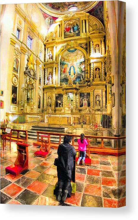 Puebla Canvas Print featuring the photograph Praying at the Altar in Puebla Cathedral by Mark Tisdale