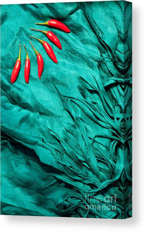 Cambodian Canvas Print featuring the photograph Red Chillies Blue Silk by Rick Piper Photography