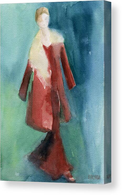 Fashion Canvas Print featuring the painting Red Coat and Long Dress - Watercolor Fashion Illustration by Beverly Brown