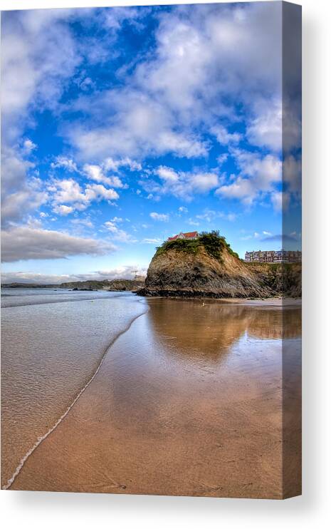 Newquay Canvas Print featuring the photograph Reflecting On Towan Beach - Newquay by Mark Tisdale