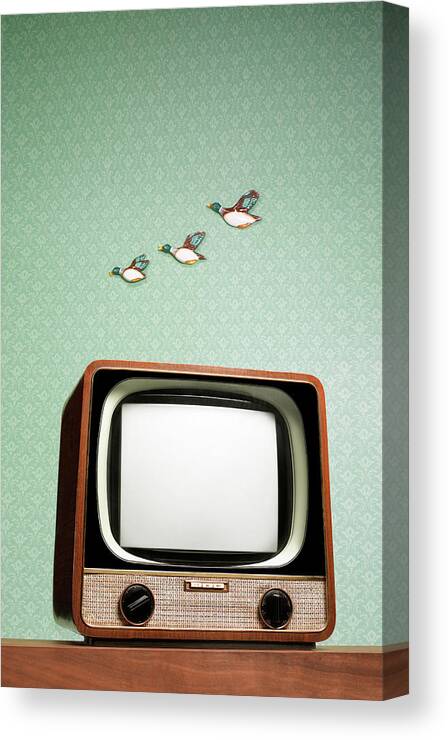 Humor Canvas Print featuring the photograph Retro Tv With Flying Ducks On The Wall by Peter Dazeley