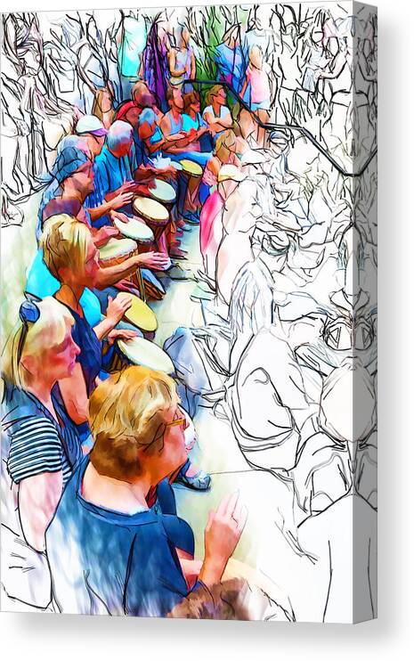 Drum Circle Canvas Print featuring the mixed media Rows of Drummers by John Haldane