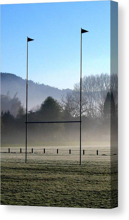 Mist Frost Park Goalpost Rugby Pitch Field Hills Winter Sun Cold Morning Sunrise Flags League Union Try Scrum Conversion All Blacks Canvas Print featuring the photograph Rugby season by Guy Pettingell