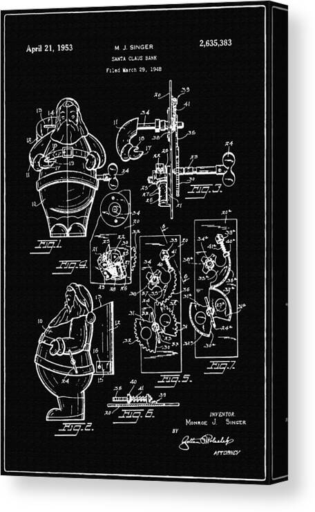Retro Revival Canvas Print featuring the photograph Santa Claus Bank Support Patent Drawing From 1953 2 by Samir Hanusa