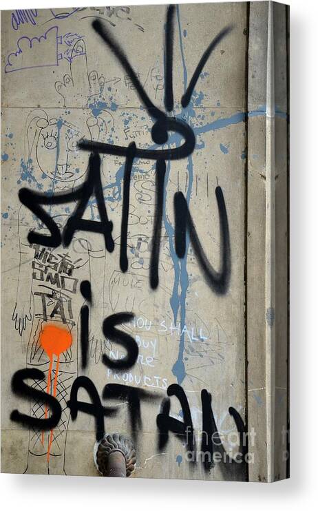 Satin Canvas Print featuring the photograph 'Satin is Satan' graffiti - Bucharest Romania by Imran Ahmed