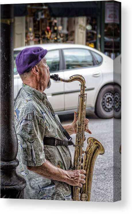 Hat Canvas Print featuring the photograph Sax In The Street by Jim Shackett