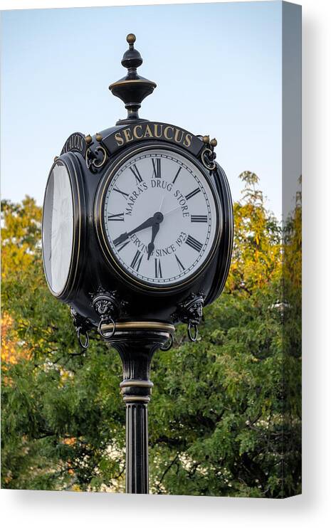 1923 Canvas Print featuring the photograph Secaucus Clock Marras Drugs by Susan Candelario