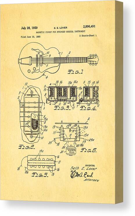 Famous Canvas Print featuring the photograph Seth Lover Gibson Humbucker Pickup Patent Art 1959 by Ian Monk