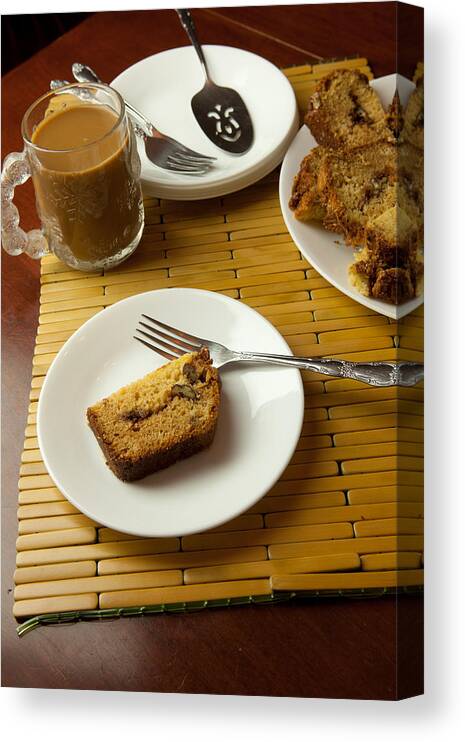 Banana Bread Canvas Print featuring the photograph Slices of sweet bread with a cup of coffee by Kyle Lee