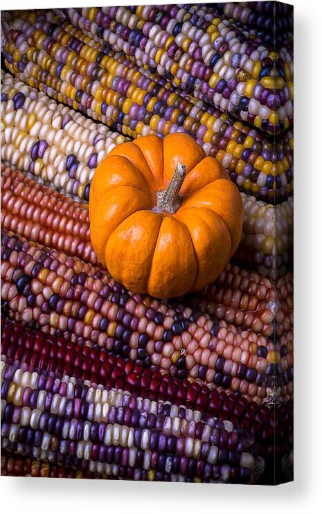 Small Canvas Print featuring the photograph Small pumpkin with Indian corn by Garry Gay