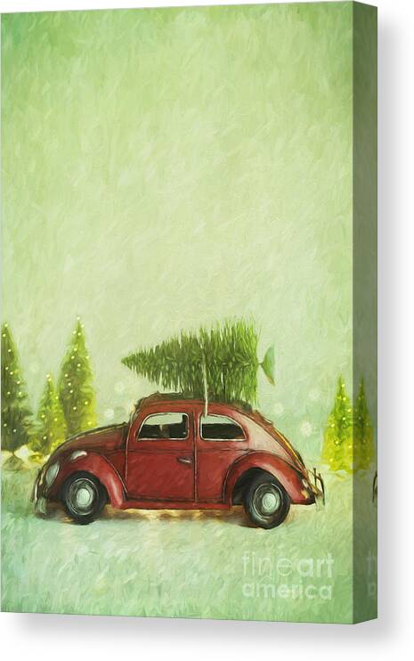 Background Canvas Print featuring the photograph Small toy car with tree on top/ Digital Painting by Sandra Cunningham