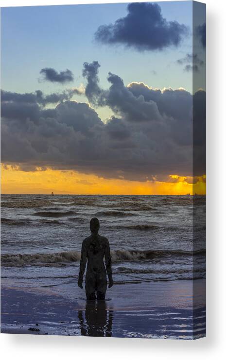 Liverpool Canvas Print featuring the photograph Solitary Iron Man at Crosby Beach by Paul Madden