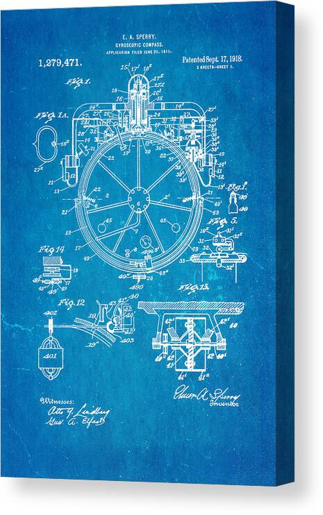 Famous Canvas Print featuring the photograph Sperry Gyroscopic Compass Patent Art 1918 Blueprint by Ian Monk
