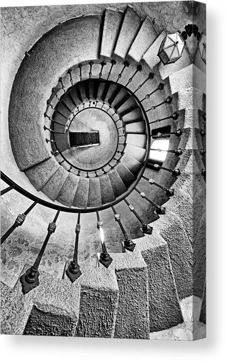 Stairs Canvas Print featuring the photograph Spiral Castle Stairs in BW by Paul W Faust - Impressions of Light