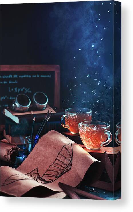Conceptual Canvas Print featuring the photograph Steampunk Tea (with Goggles And Blueprints) by Dina Belenko