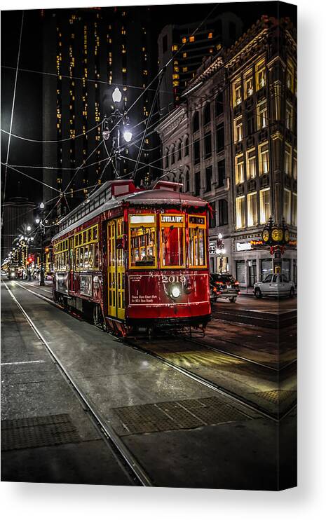 America Canvas Print featuring the photograph Street Car in New Orleans at Night by Chris Smith
