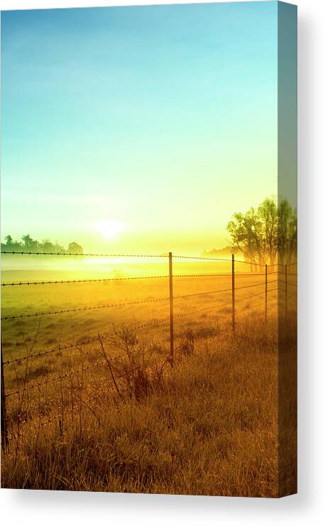 Tranquility Canvas Print featuring the photograph Sunrise Fence Line Central Indiana by Michael Huddleston / Artsyfartsytbarn