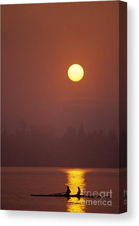 Athletics Canvas Print featuring the photograph Sunrise on the Montlake Cut crew rowing on calm waters by Jim Corwin