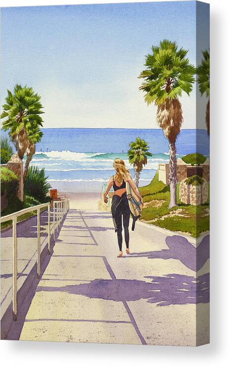 Surfer Canvas Print featuring the painting Surfer Girl at Fletcher Cove by Mary Helmreich