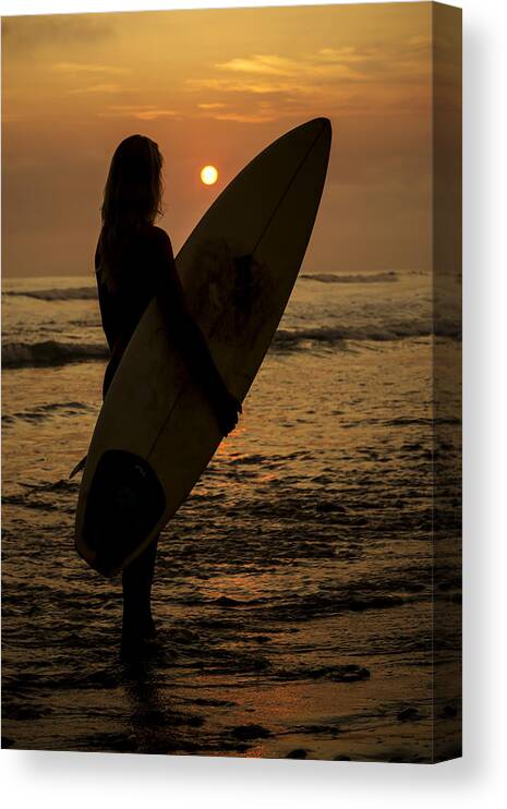 Photography Canvas Print featuring the photograph Surfer Girl Sunset Silhouette by Lee Kirchhevel