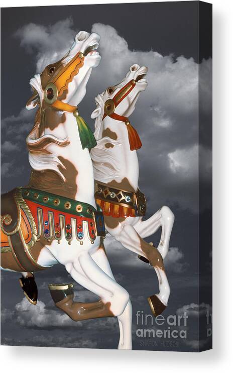 Carousel Canvas Print featuring the photograph surreal carousel horses - Flying Pintos by Sharon Hudson