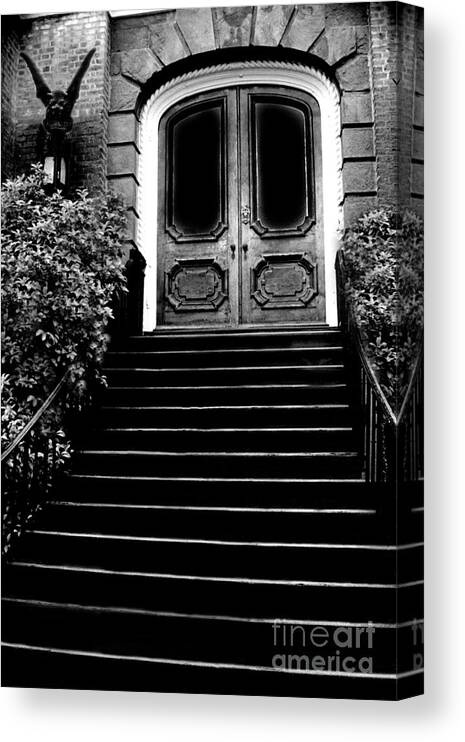 Gargoyle Fantasy Art Prints Canvas Print featuring the photograph Charleston Surreal Gothic Black and White Staircase and Door With Gargoyle by Kathy Fornal