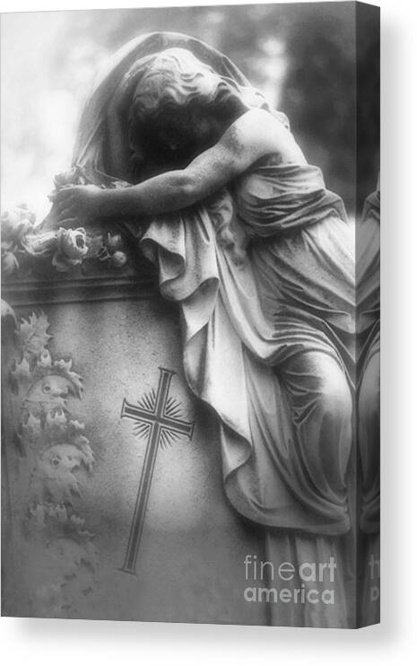 Black And White Cemetery Photos Canvas Print featuring the photograph Surreal Gothic Cemetery Angel Mourner Draped Over Coffin With Cross- Haunting Cemetery Sculpture Art by Kathy Fornal