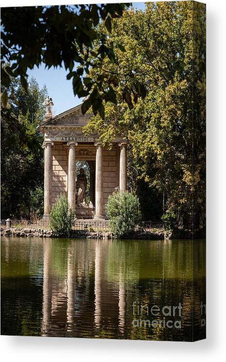 Europe Canvas Print featuring the photograph Temple of Aesculapius and lake in the villa borghese gardens in by Peter Noyce