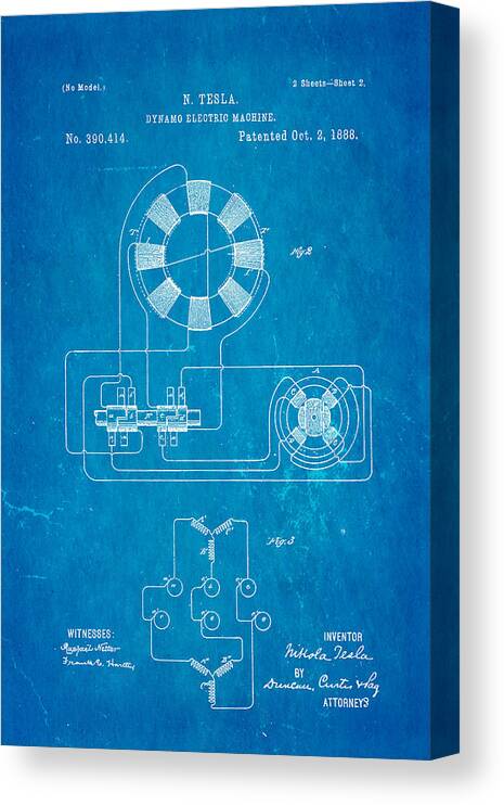 Electricity Canvas Print featuring the photograph Tesla Electric Dynamo Patent Art 2 1888 Blueprint by Ian Monk