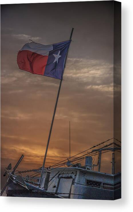 Migration Canvas Print featuring the photograph Texas Flag Flying from a Fishing Boat at Sunrise by Randall Nyhof