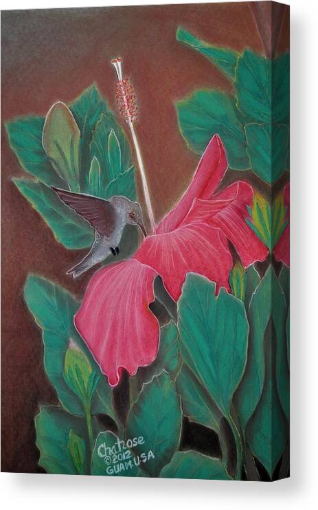 Hibiscus Canvas Print featuring the pastel The Visitor by Charito ChatRose Mahilum
