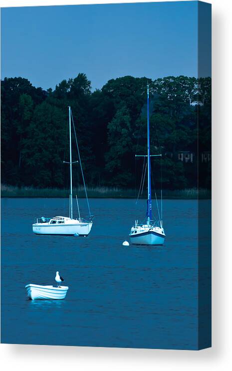 Riverside Gardens Park Canvas Print featuring the photograph Three Boats In Twilight On The Navesink River by Gary Slawsky