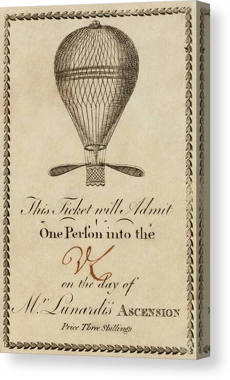 Vincenzo Lunardi Canvas Print featuring the photograph Ticket For A Lunardi Balloon Flight by Library Of Congress/science Photo Library