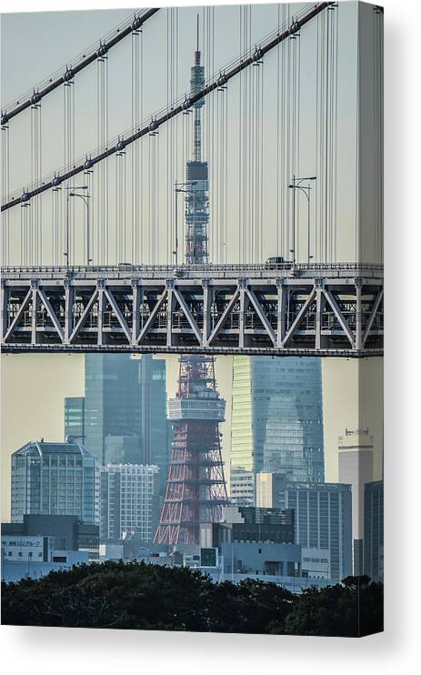 Tokyo Tower Canvas Print featuring the photograph Tokyo Tower And Rainbow Bridge by Image Courtesy Trevor Dobson