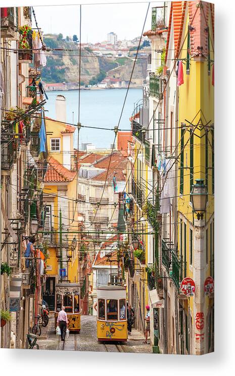 People Canvas Print featuring the photograph Tram, Barrio Alto, Lisbon, Portugal by Peter Adams