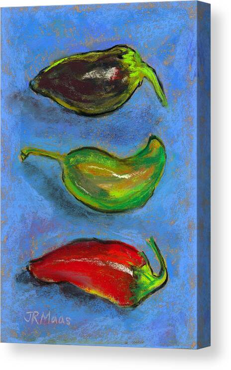 Purple Jalapeno Peppers Canvas Print featuring the pastel Tres Peppers by Julie Maas