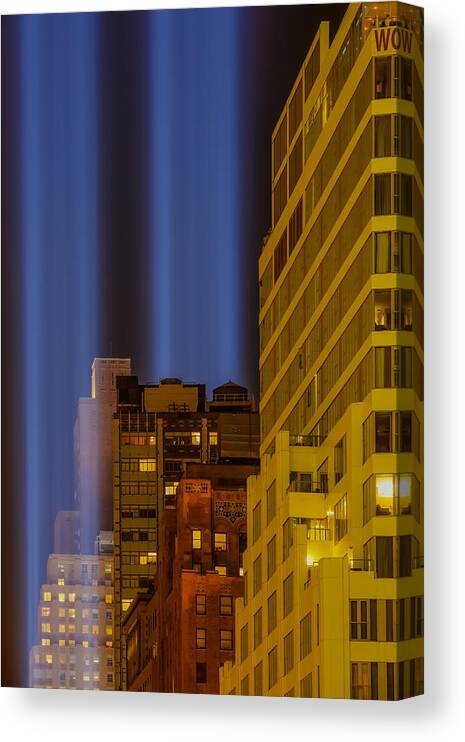 911 Canvas Print featuring the photograph Tribute In Lights 911 WTC NYC by Susan Candelario
