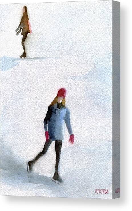 Ice Skating Canvas Print featuring the painting Two Girls Ice Skating Watercolor Painting by Beverly Brown