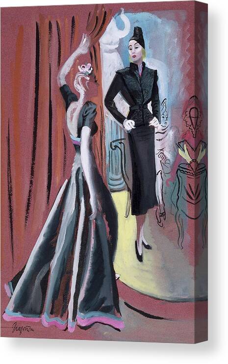 Illustration Canvas Print featuring the digital art Two Women Wearing Designer Dresses by R.S. Grafstrom