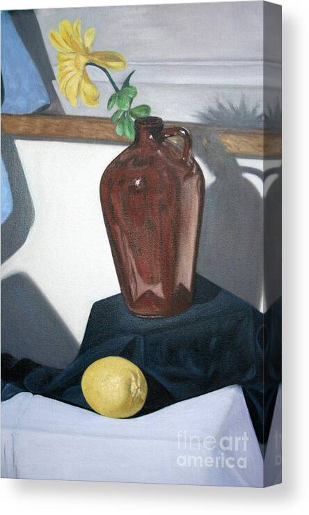 Vase With Flower And Lemon Still Canvas Print featuring the painting Vase with flower and lemon still by Mukta Gupta