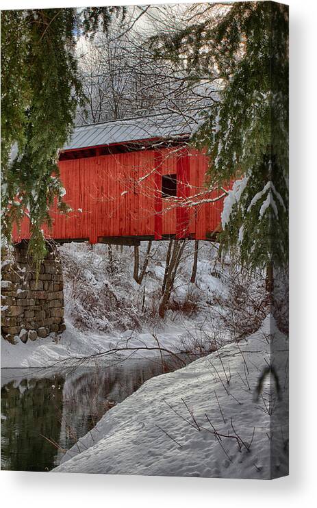 Covered Bridge Canvas Print featuring the photograph View through the boughs of Vermont covered bridge by Jeff Folger
