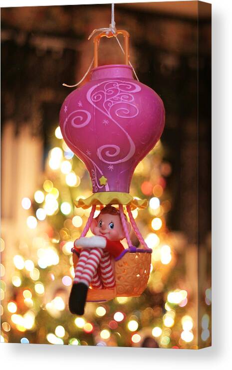 Vintage Christmas Elf Canvas Print featuring the photograph Vintage Christmas Elf Hot Air Balloon Ride by Barbara West