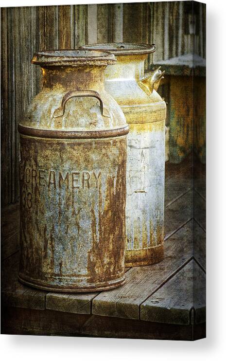 Creamery Can Canvas Print featuring the photograph Vintage Creamery Cans in 1880 Town in South Dakota by Randall Nyhof