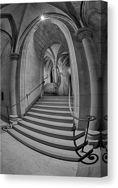 National Cathedral Canvas Print featuring the photograph Washington National Cathedral Crypt Level Stairs BW by Susan Candelario