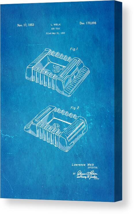 Famous Canvas Print featuring the photograph Welk Accordion Ash Tray Patent Art 1953 Blueprint by Ian Monk