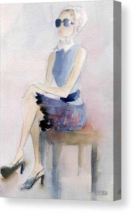 Fashion Canvas Print featuring the painting Woman in Plaid Skirt and Big Sunglasses Fashion Illustration Art Print by Beverly Brown Prints