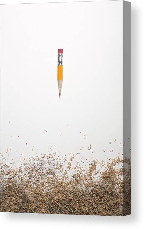 White Background Canvas Print featuring the photograph Worn Down Pencil With Shaving by Chris Parsons